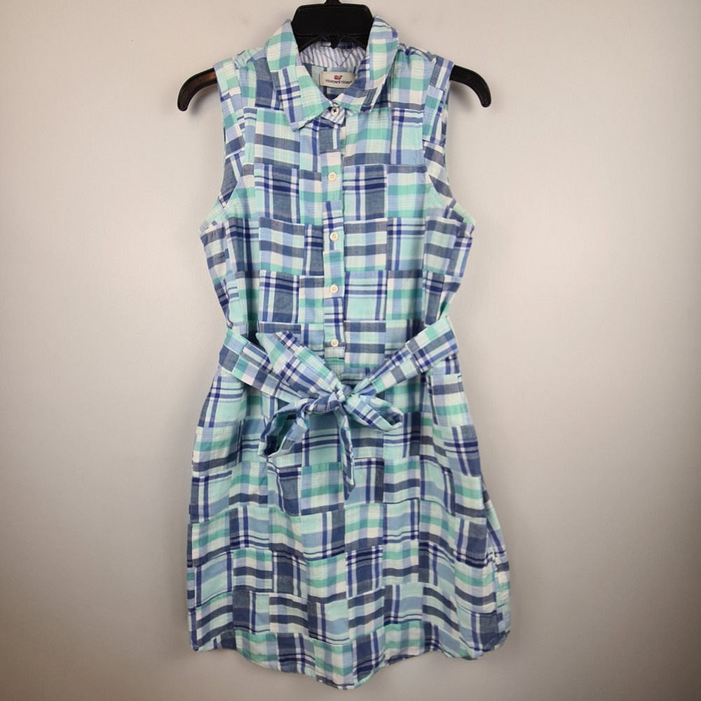 Vineyard Vines Blue Patchwork Plaid Sleeveless Shirtdress with Pockets Size 2